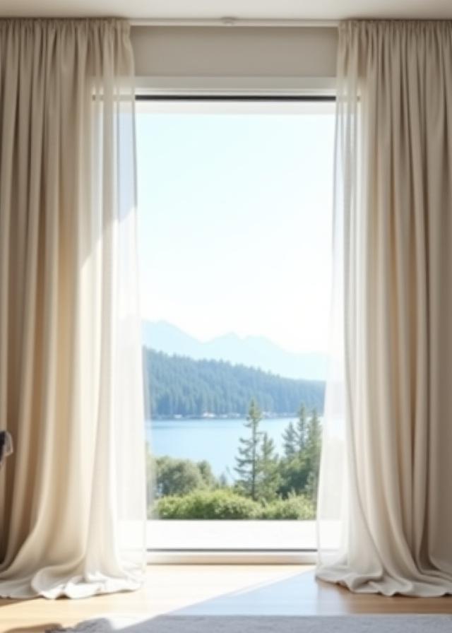Floor-to-ceiling linen curtains in a modern Vancouver home with a view.
